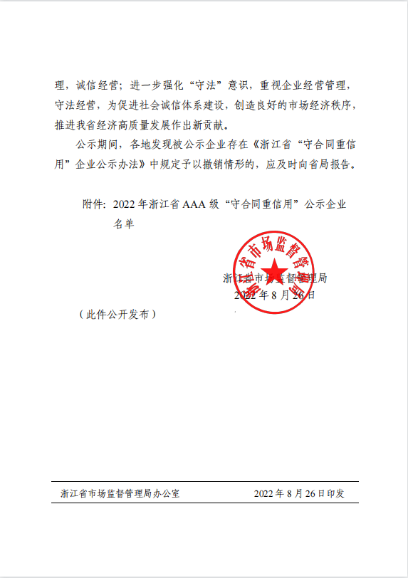 公司獲評(píng)2022年浙江省AAA級(jí)“守合同重信用”企業(yè)榮譽(yù)稱號(hào)