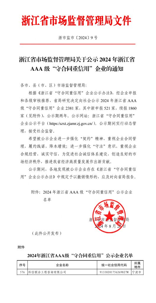 科信喜報 | 我公司蟬聯(lián)浙江省AAA級 “守合同重信用”企業(yè)